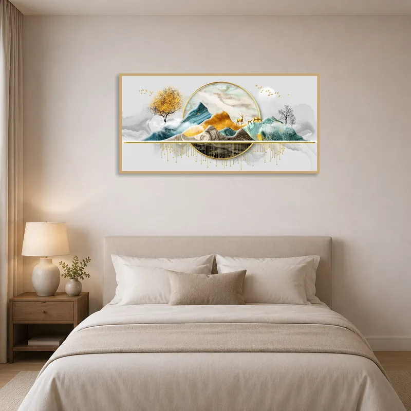Golden landscape with deer hanging over a serene bedroom area.