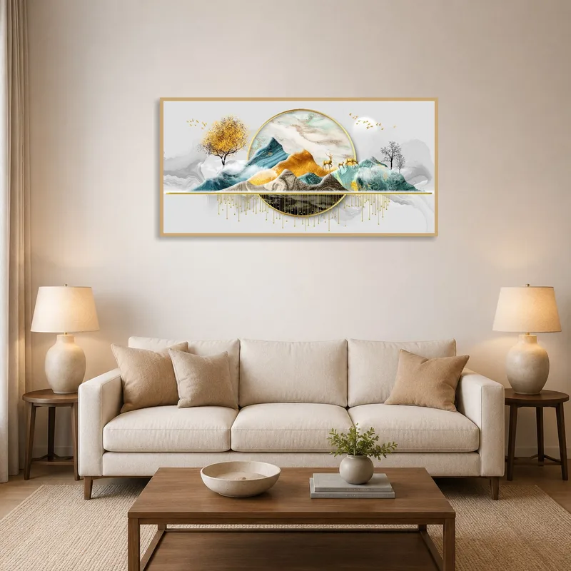 Golden landscape with deer and trees above a cozy living room sofa.