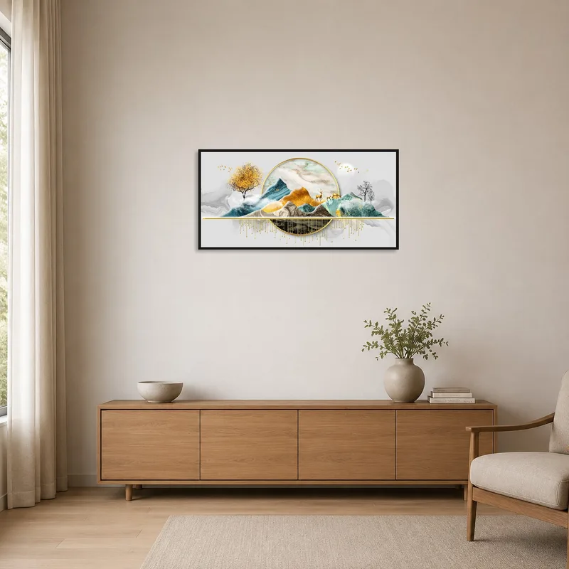 Golden landscape and deer artwork in a minimalist, clean space.