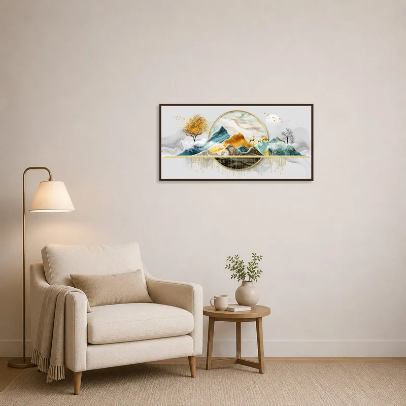 Golden landscape with deer and trees beside a comfy reading chair.