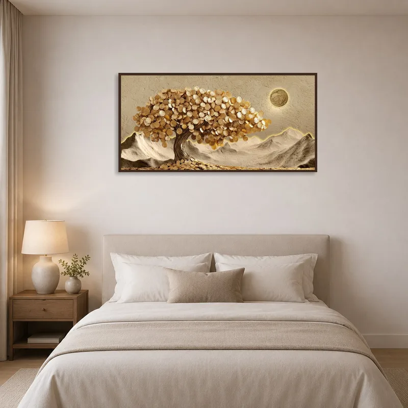 Golden Money Tree artwork adding warmth above a neat, restful bed with soft bedding.