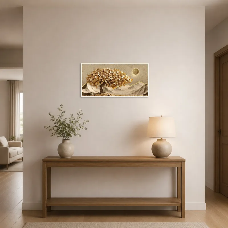 Golden Money Tree art welcoming guests in a bright entrance with a small console table.