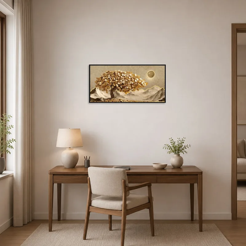 Golden Money Tree art enhancing a focused workspace beside a sleek desk and chair.