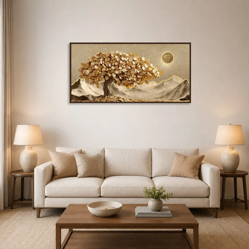 Golden Money Tree artwork above a comfortable couch with cozy throw pillows.