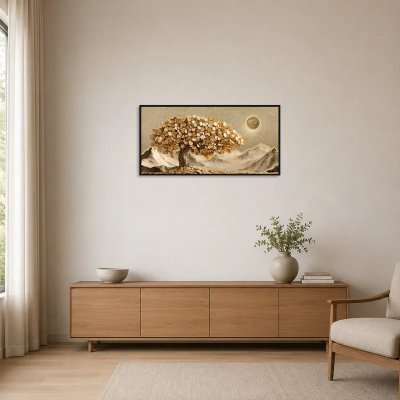 Golden Money Tree art piece accentuating a room with clean lines and neutral tones.