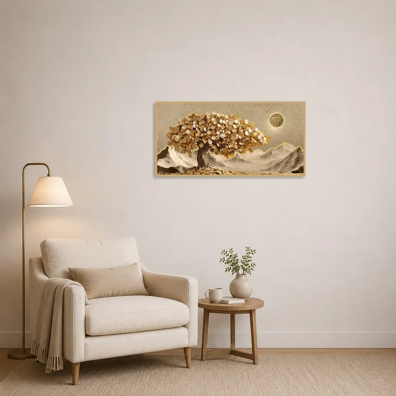 Golden Money Tree art creating a serene vibe next to a cozy armchair and a small bookshelf.