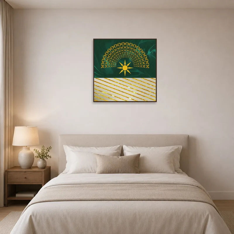 Artwork with sun and butterflies adds elegance to a bedroom décor.