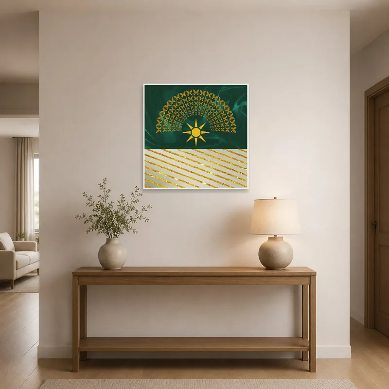 Art featuring sun and butterflies livens up an entrance hall.