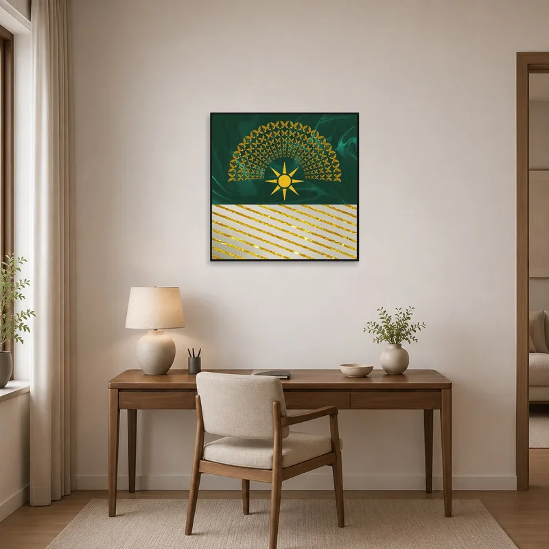 Emerald green art piece inspires creativity in a home office.