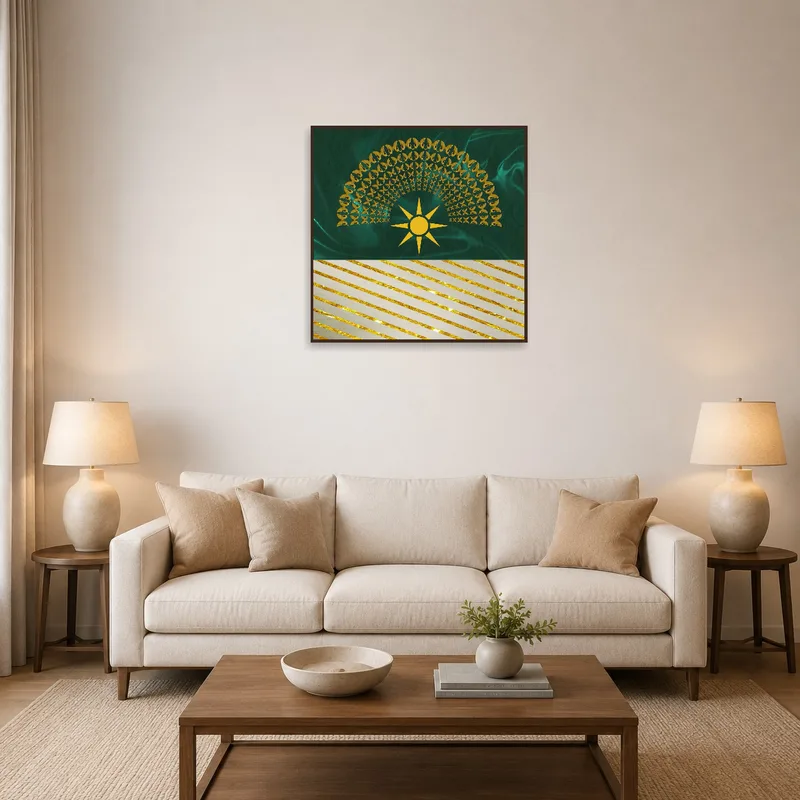 Golden sun and butterflies artwork adds warmth to a living room wall.