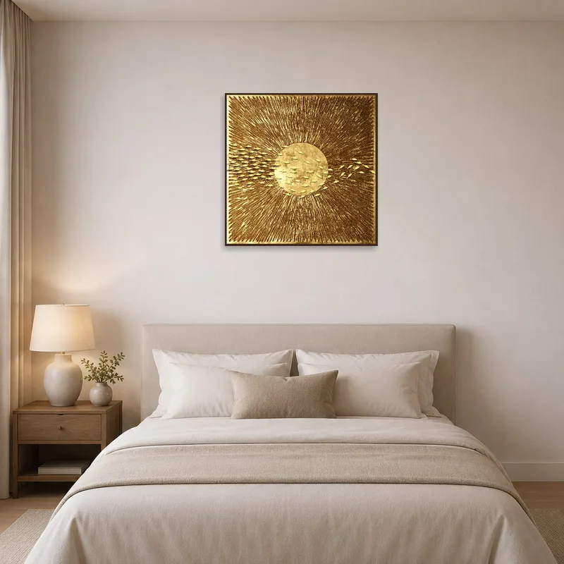 A bedroom featuring a Golden Sunburst artwork with an abstract fish motif above the bed.