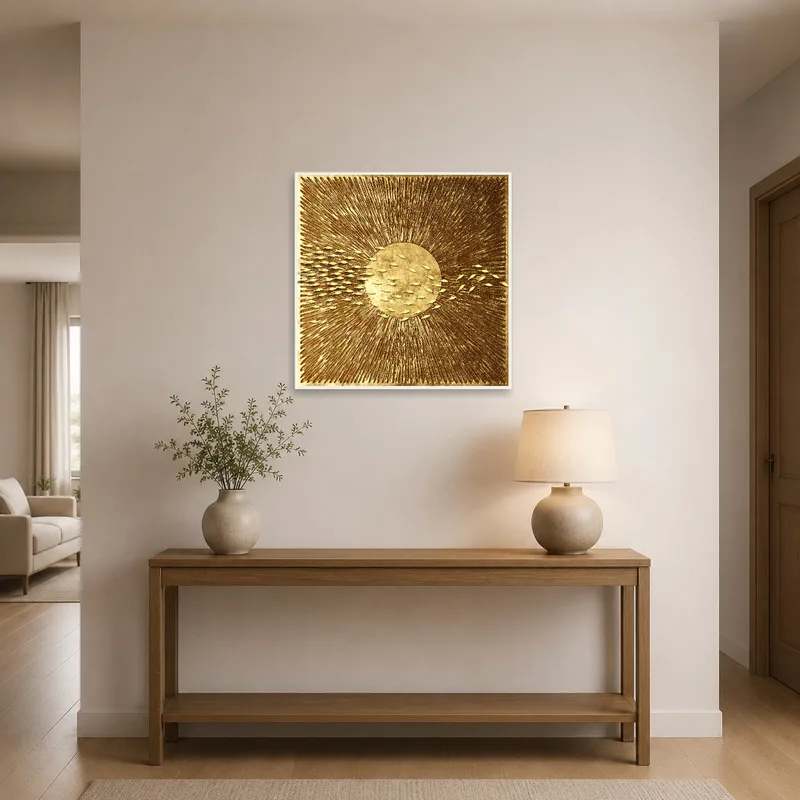 An entrance hall displaying a Golden Sunburst with abstract fish design on display.