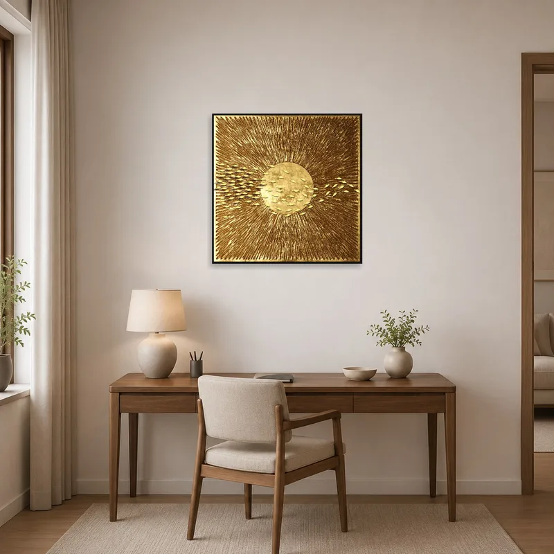 A home office wall adorned with a Golden Sunburst piece showcasing an abstract fish design.