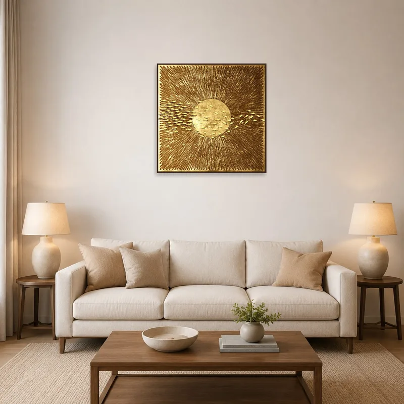 A living room with a Golden Sunburst artwork featuring an abstract fish design on the wall.