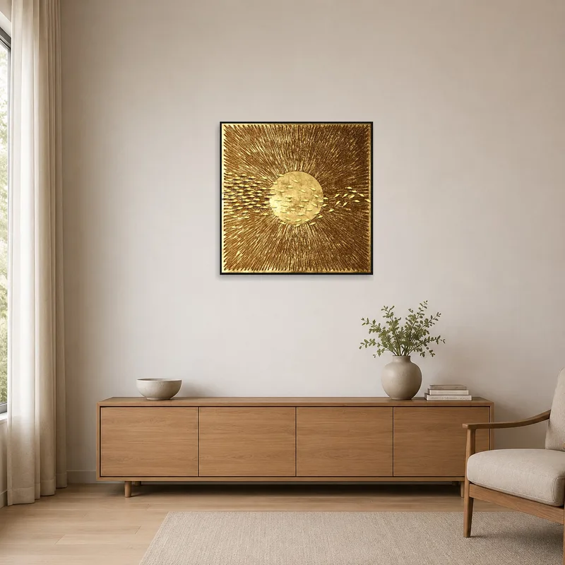 A minimalist space showcasing a Golden Sunburst design with abstract fish details.