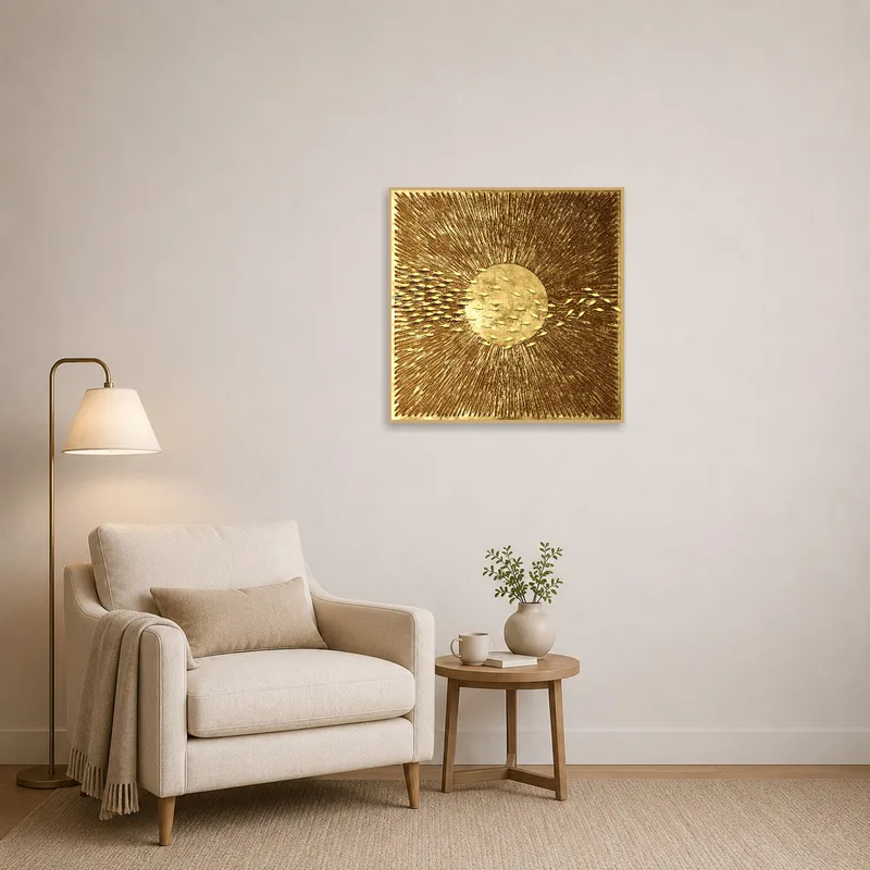 A reading corner decorated with a Golden Sunburst abstract fish design piece.