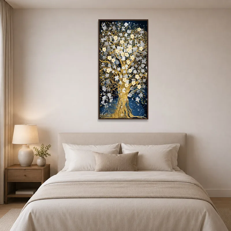 Golden Tree of Life art print adding warmth to a tranquil bedroom.