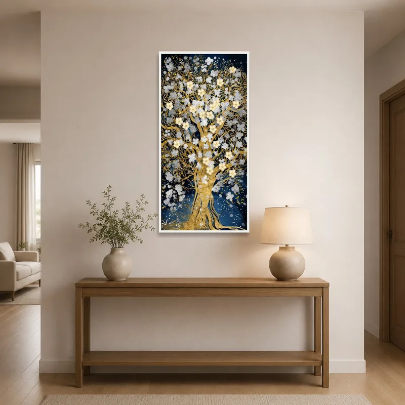 Golden Tree of Life print displayed in a chic entrance hall.