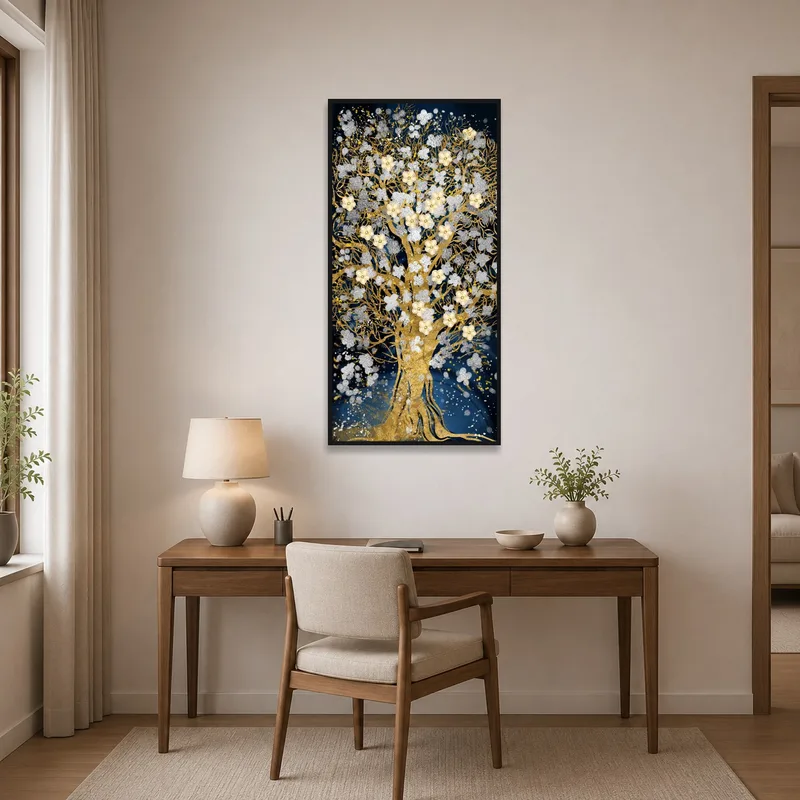 Golden Tree of Life print inspiring creativity in a modern home office.