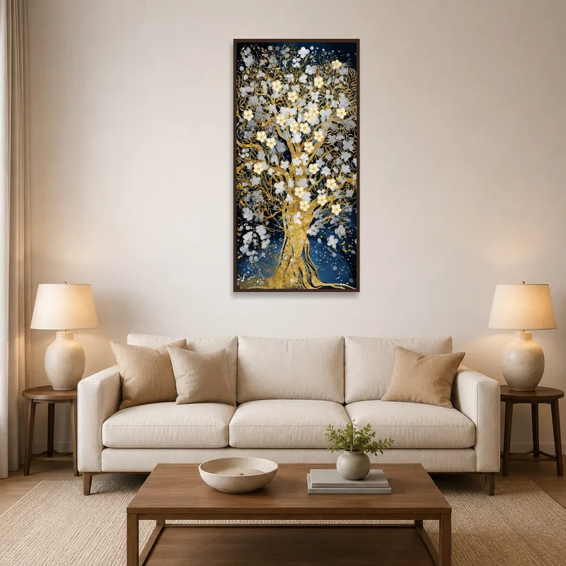 Golden Tree of Life artwork above a sofa in a cozy living room.