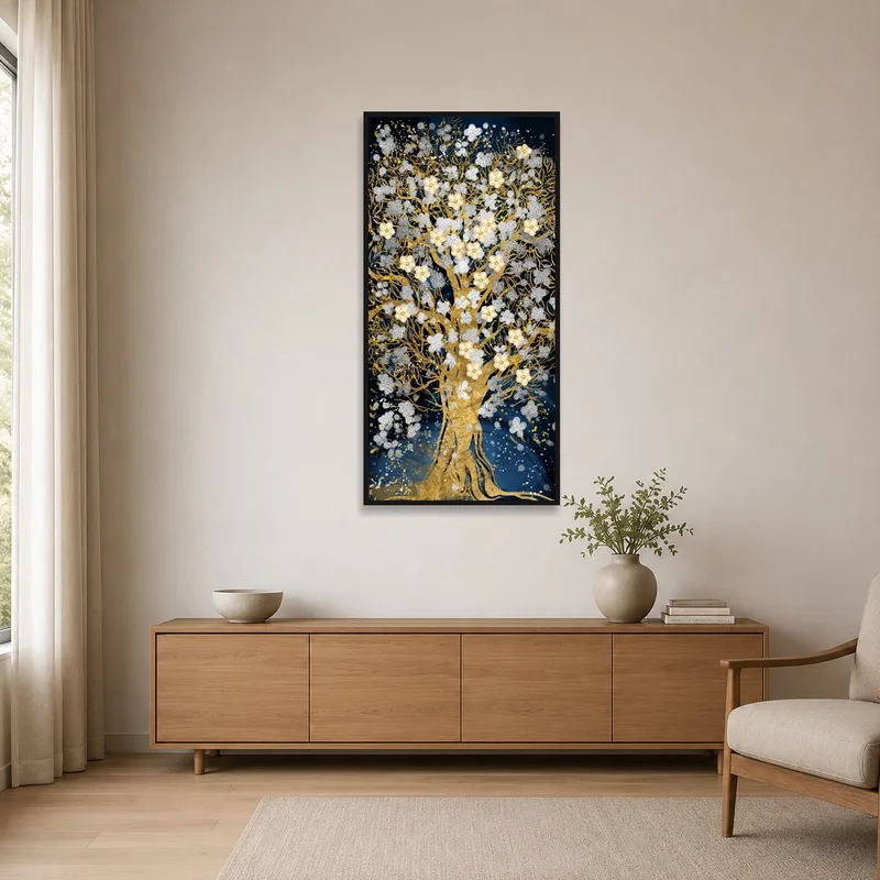 Golden Tree of Life art print in a minimalist room with neutral tones.