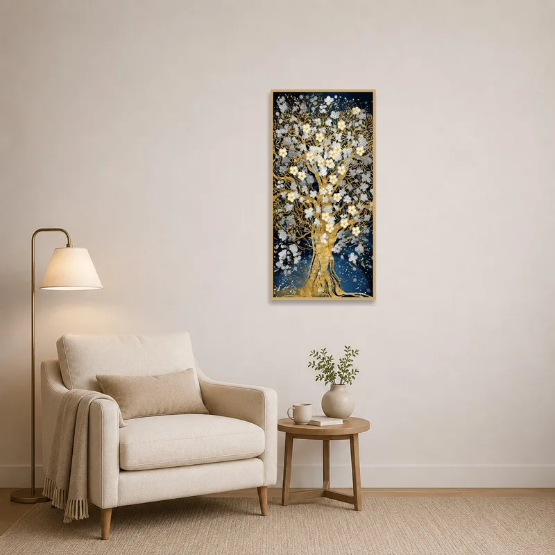 Golden Tree of Life artwork illuminating a serene reading corner.