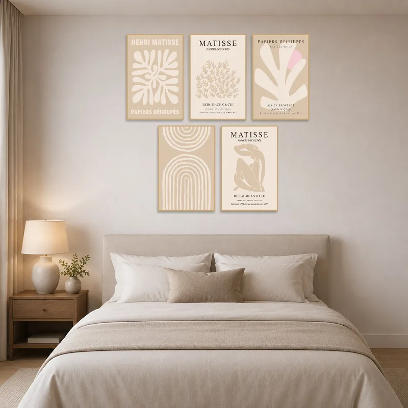 Matisse cut-out art provides a lively touch in the bedroom.