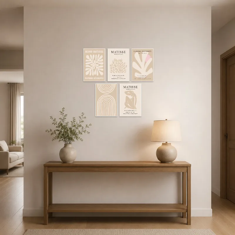Entrance hall features striking Matisse-inspired cut-out art set.