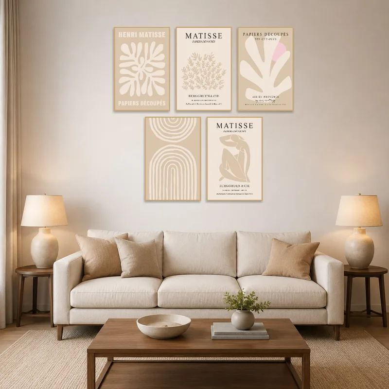 Vibrant Matisse cut-out art set brightens the living room wall.