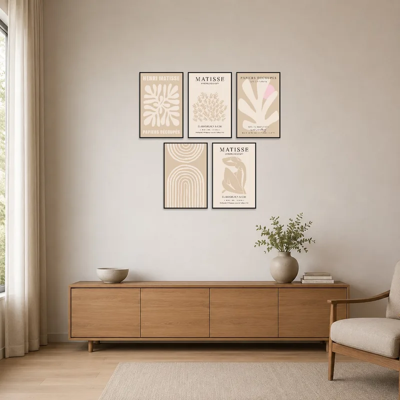 Minimalist room with bold Matisse cut-out art adding flair.