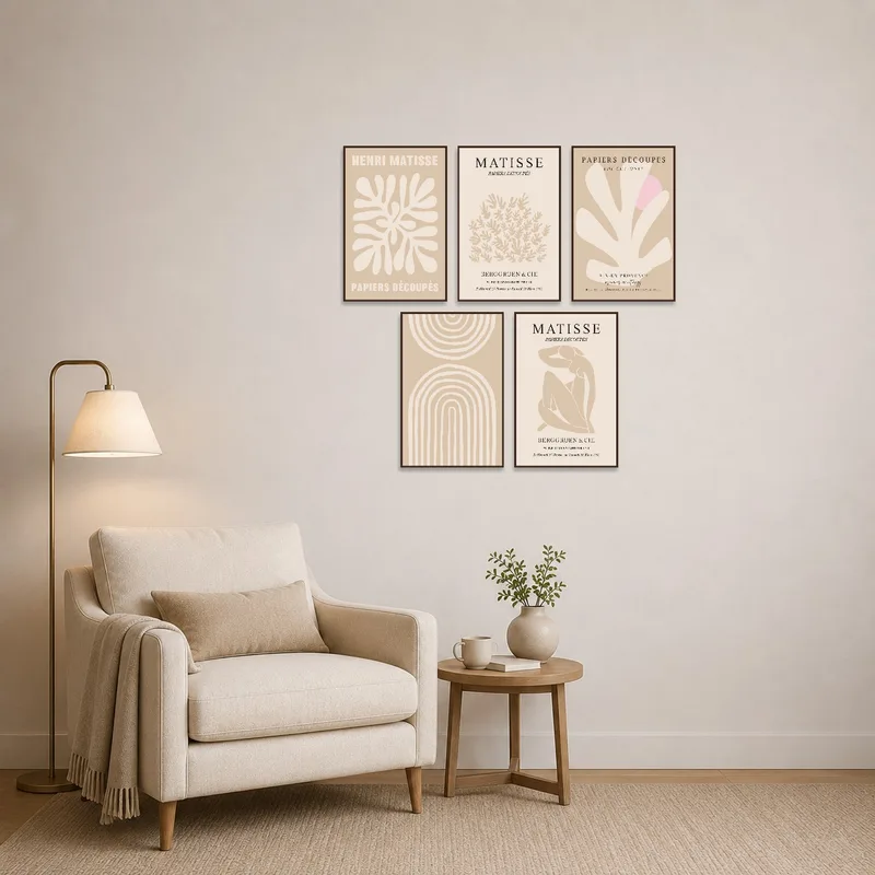 Reading corner enlivened by colorful Matisse cut-out art set.