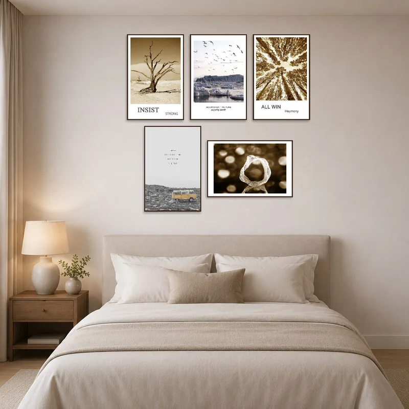 Nature art set adding a calming ambiance to a tranquil bedroom.