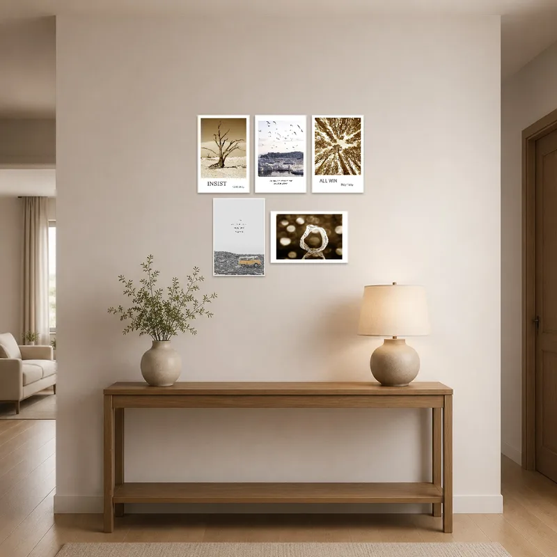Inspirational nature art set welcoming guests in a stylish entrance hall.