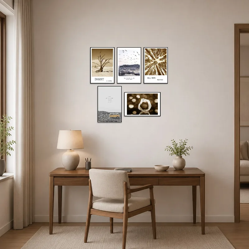 Inspirational landscape art enhancing focus in a tidy home office.