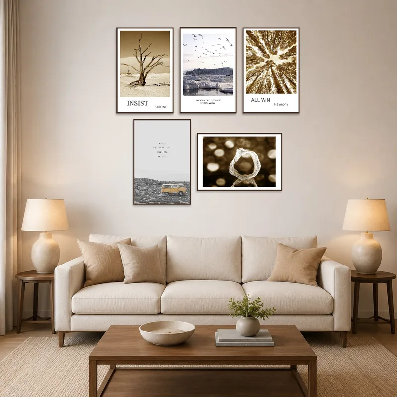 Landscape art set hung over a modern living room sofa with neutral tones.