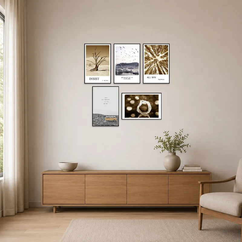 Nature art set displayed in a sleek, minimalist room with white walls.