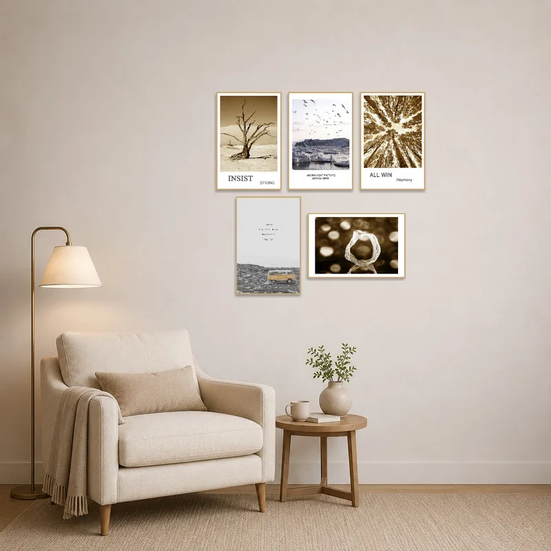 Landscape art collection creating a serene vibe in a cozy reading corner.