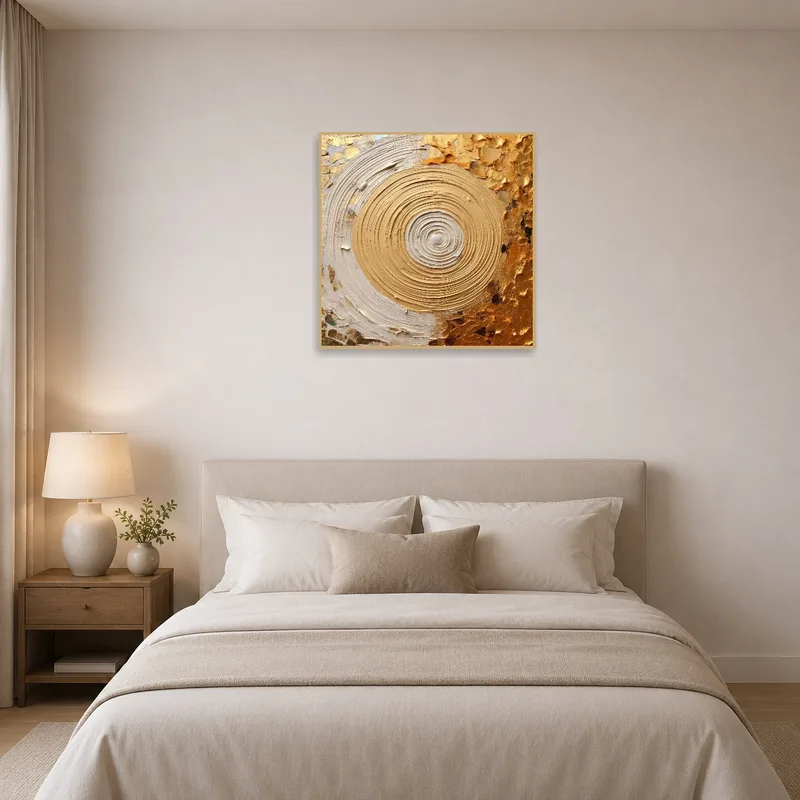 Bedroom adorned with abstract gold and cream artwork, adding a touch of elegance.