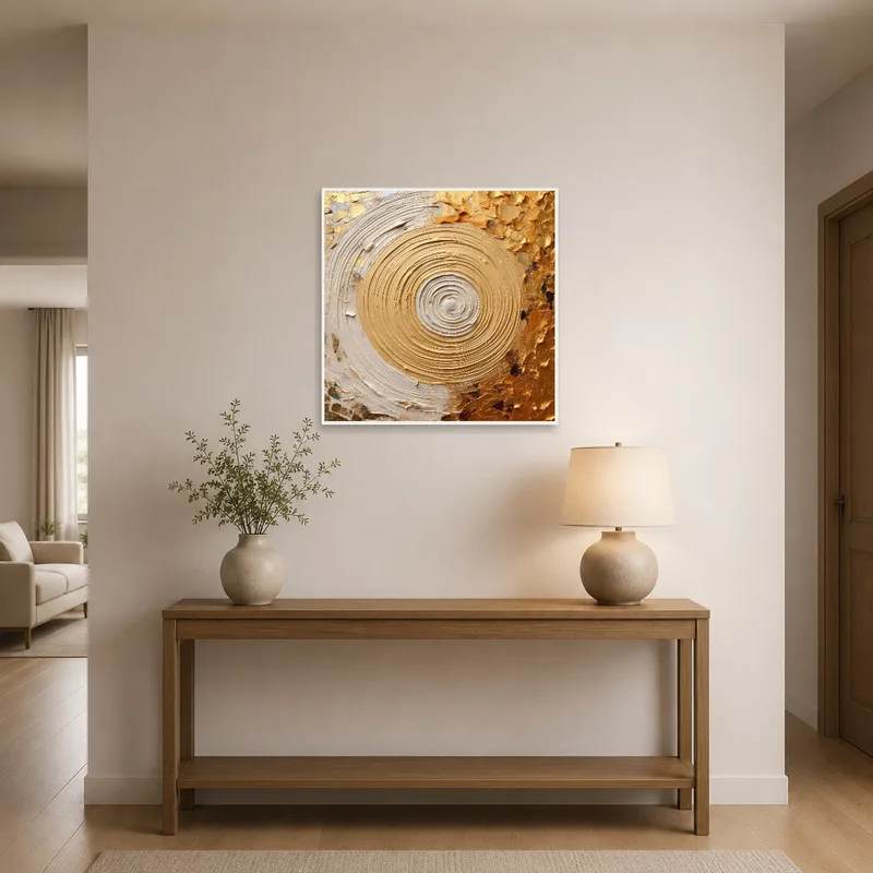 Abstract gold and cream piece hanging in an entrance hall, welcoming with elegant simplicity.
