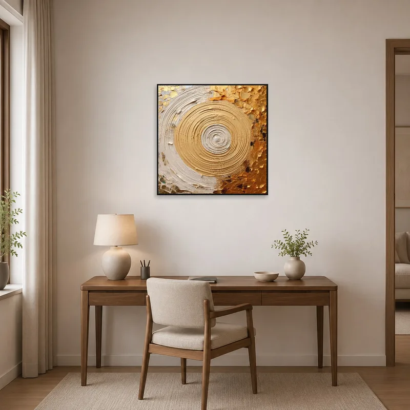 Home office showcasing abstract gold and cream art, enhancing a productive atmosphere.