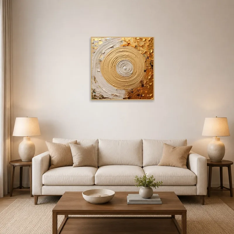 Abstract gold and cream artwork on a living room wall with modern furniture.
