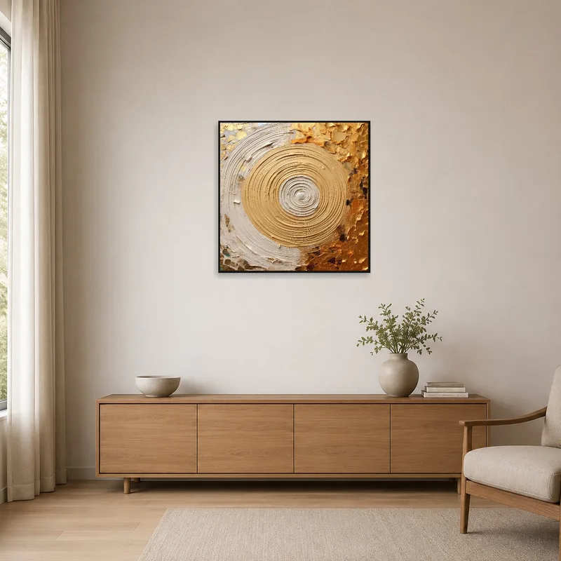 Minimalist room featuring abstract gold and cream artwork, with simple, clean furnishings.