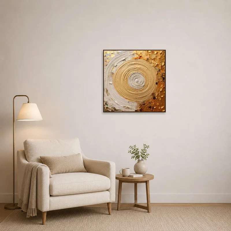Reading corner with abstract gold and cream wall art, alongside cozy seating and books.