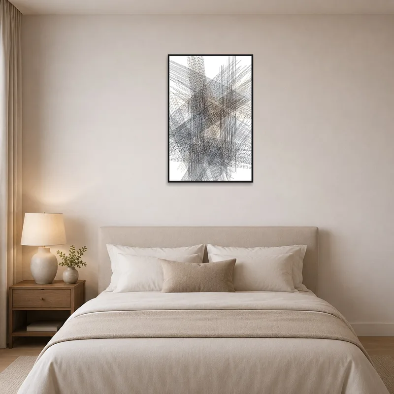 Intricate line art enhancing a bedroom's serene atmosphere above the bed.