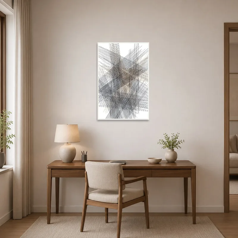 Geometric line art inspiring creativity in a stylish home office setup.