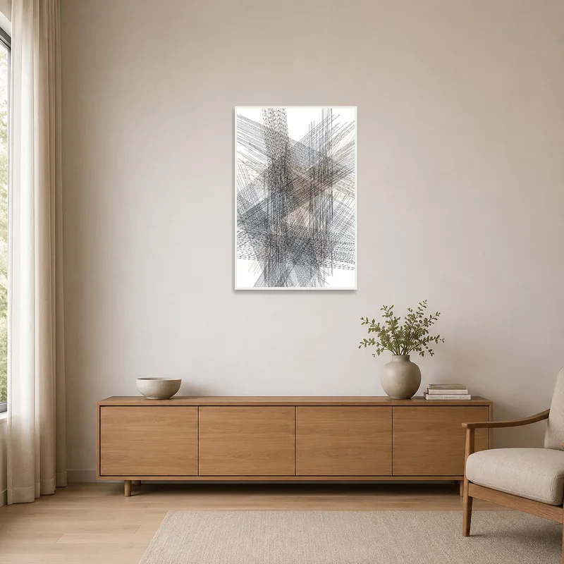 Geometric line art set in a minimalist room with clean lines and few furnishings.
