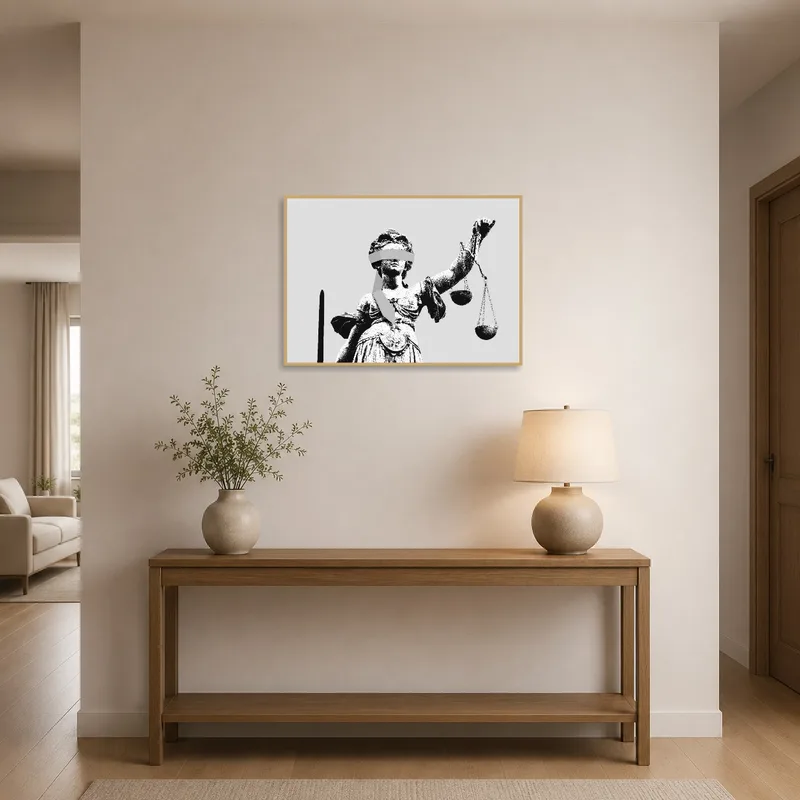 Lady Justice art hanging in an entrance hall beside a console table.