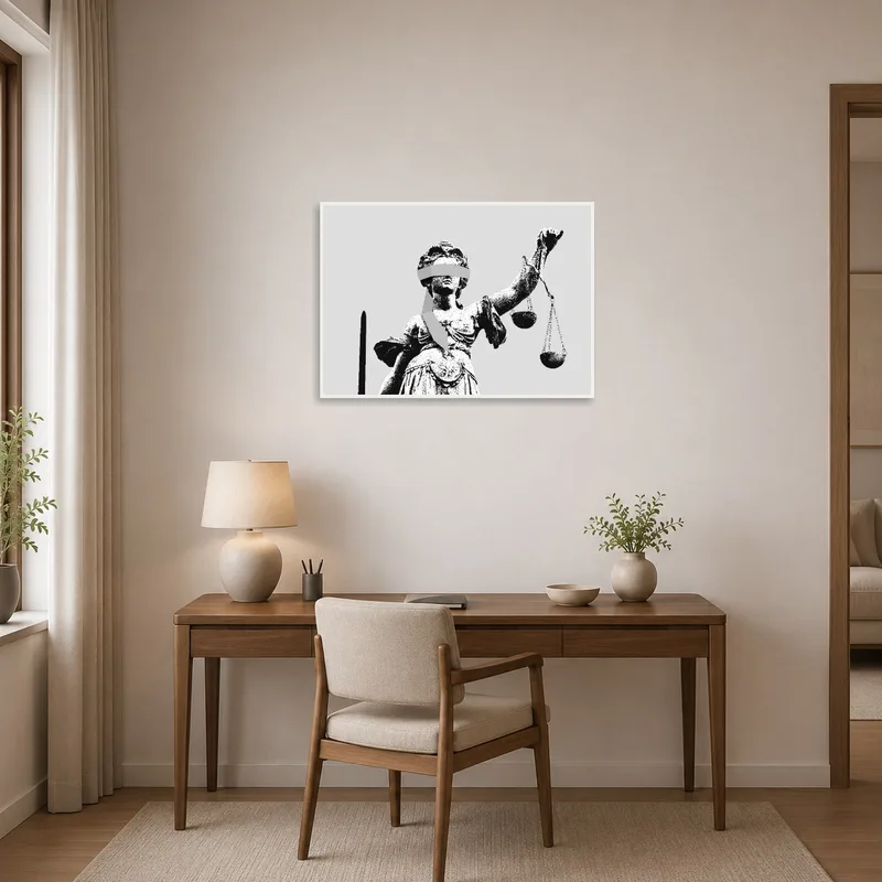 Lady Justice art adding style to a modern home office space.
