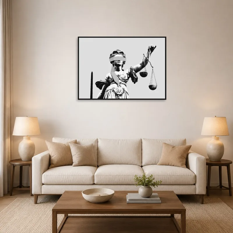 Lady Justice art print on a living room wall above a modern sofa.