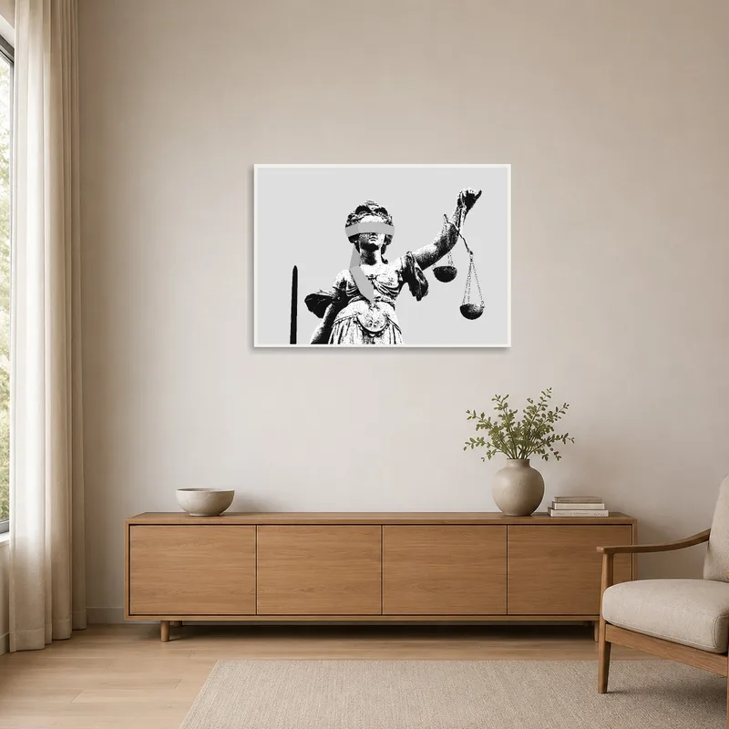 Black and white Lady Justice art on a stark minimalist wall.